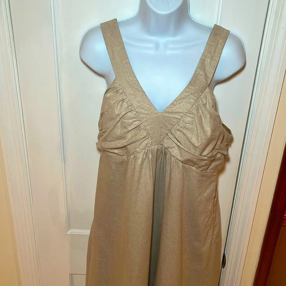 Vintage Linen Blend Dress Women12 Tan Gold Metallic Thread Sleeveless Baby Doll - Picture 5 of 17